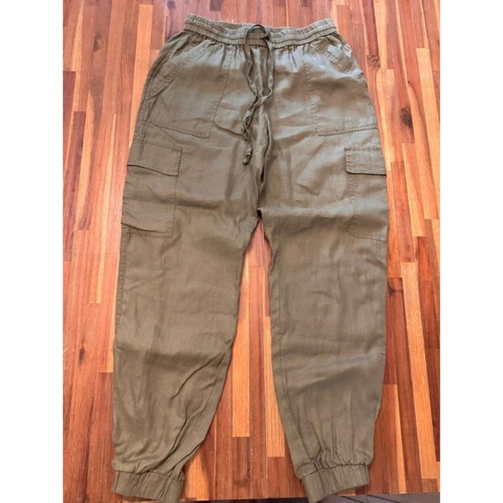 Neiman Marcus Women Olive Green 100% Linen Cargo Jogger Pants Size M